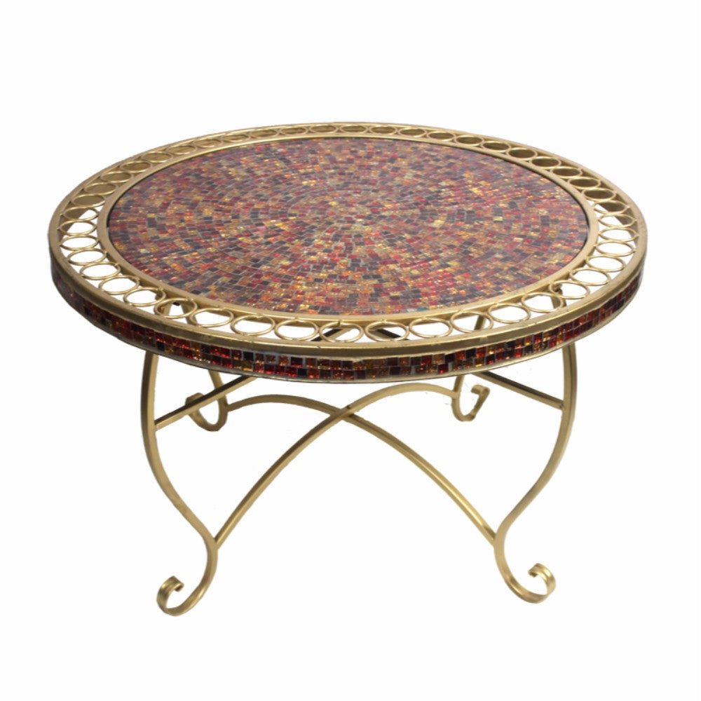 Alluring Round Metal Table with Mosaic Motif, Gold