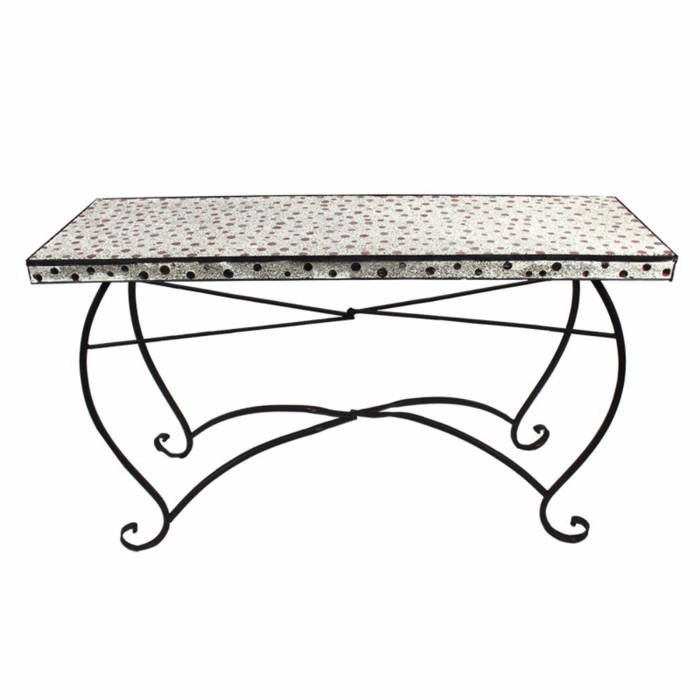 Well-designed Rectangular Metal Table With Mosaic Motif, White And Black