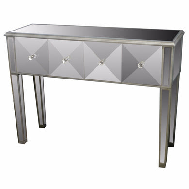 Transitional Style Wooden And Glass Console Table With 4 Drawers, Gray