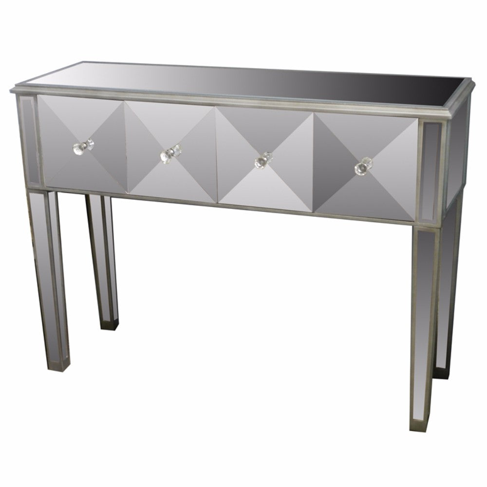 Transitional Style Wooden And Glass Console Table With 4 Drawers, Gray