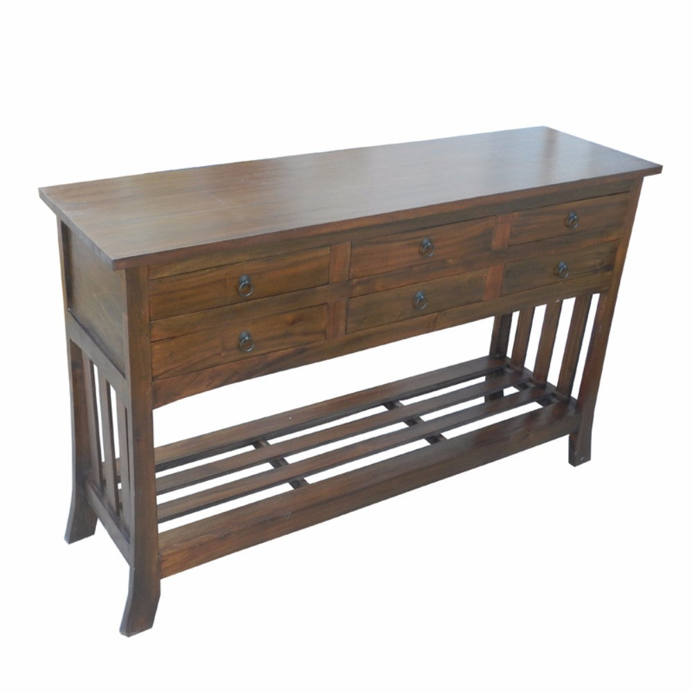 Traditional Style Wooden Console Table With 6 Drawers, Brown