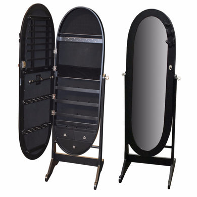 Well-design Wooden Jewelry Cabinet Stand With Mirror, Black