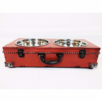 Well-designed Pet Steel Double Bowl with Wooden Stand, Red