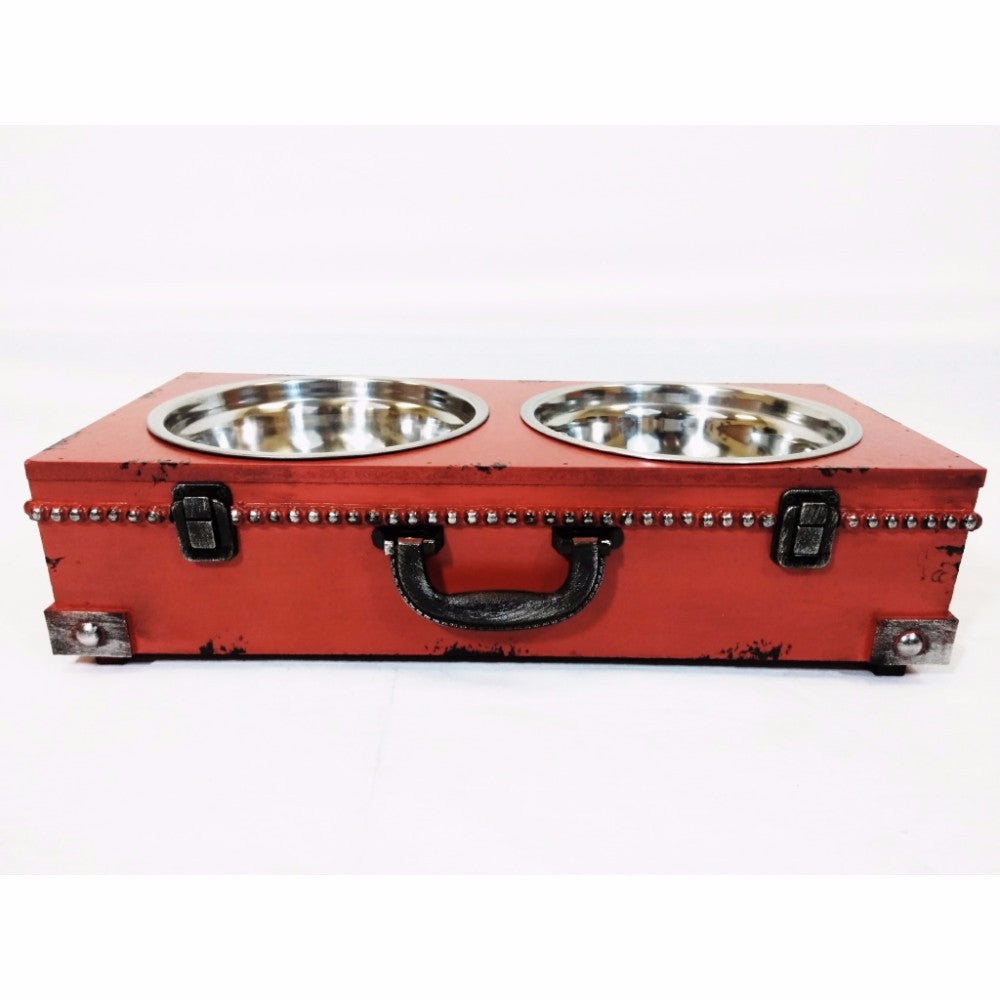Well-designed Pet Steel Double Bowl with Wooden Stand, Red