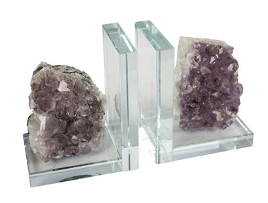 Transparent Glass With Amethyst Bookends, Set of Two, Purple