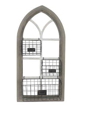 WOOD GOTHIC WALL ORGANIZER WITH METAL BASKETS, MULTICOLOR