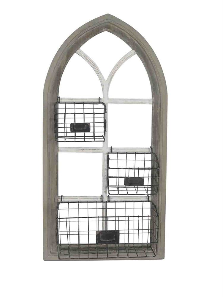 WOOD GOTHIC WALL ORGANIZER WITH METAL BASKETS, MULTICOLOR