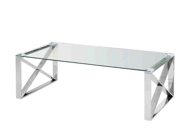 X-Framed Silvery Cocktail Table In Stainless Steel and Clear Glass