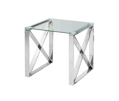 X-Framed Silvery Side Table In Stainless Steel and Clear Glass