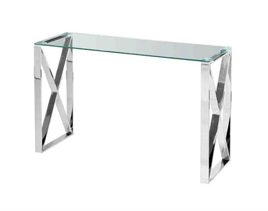 X-Framed Silvery Console Table In Stainless Steel and Clear Glass