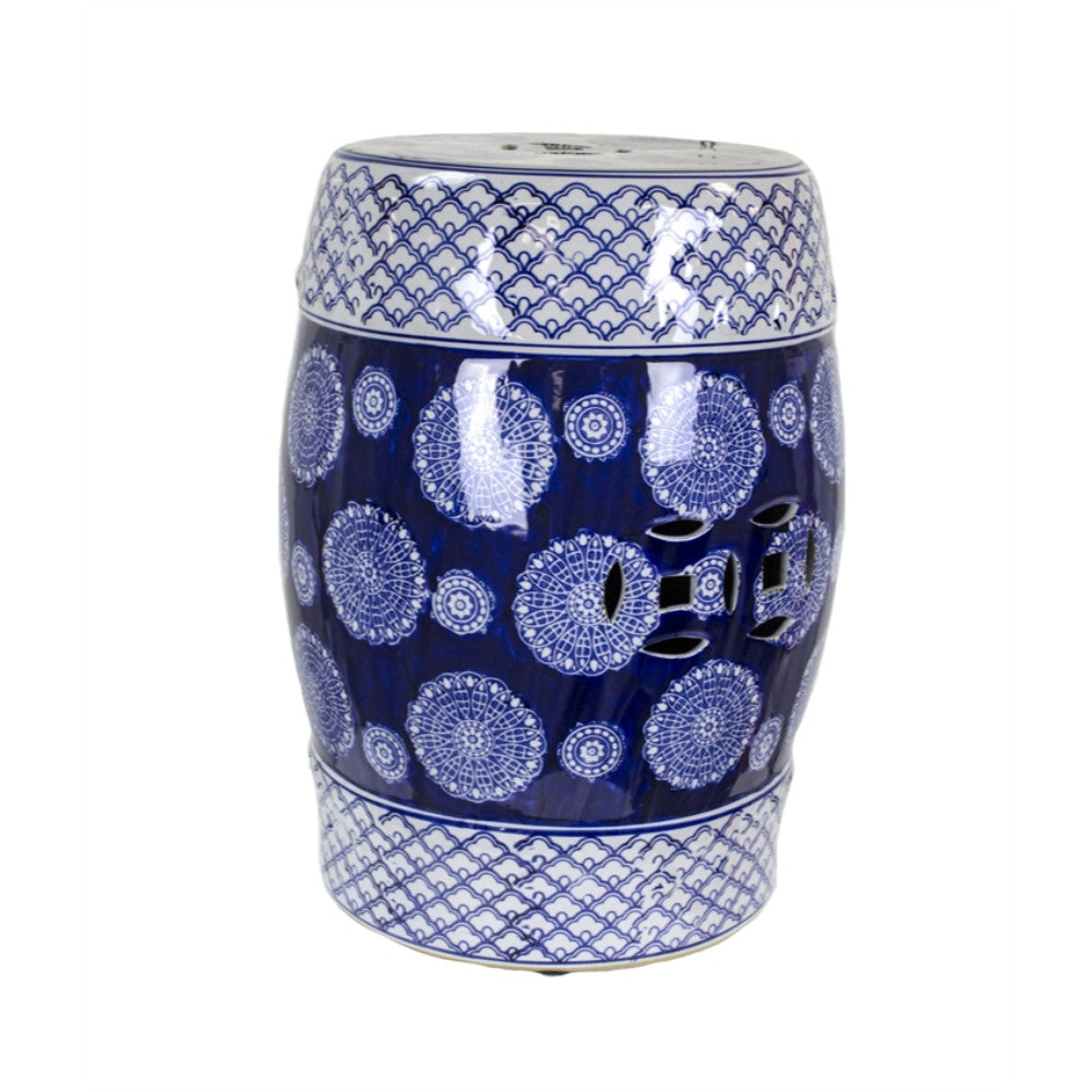 Winsomely Designed Ceramic Garden Stool, Blue And White