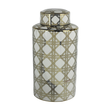 Amazingly Decorative Ceramic Covered Jar, White And Gold