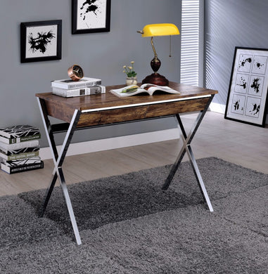 Writing Desk With Wooden Top, Weathered Oak & Chrome Silver