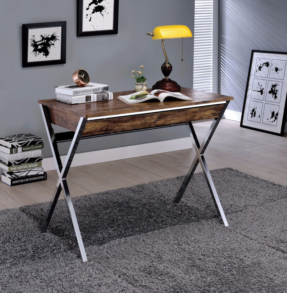 Writing Desk With Wooden Top, Weathered Oak & Chrome Silver