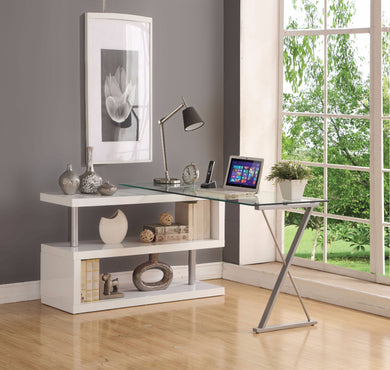 Writing Desk with Swivel, Clear Glass & White