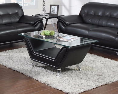 Trendy Coffee Table With Glass Top, Black Bonded Leather