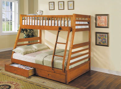 Twin/Full Bunk Bed with 2 Drawers, Honey Oak Brown