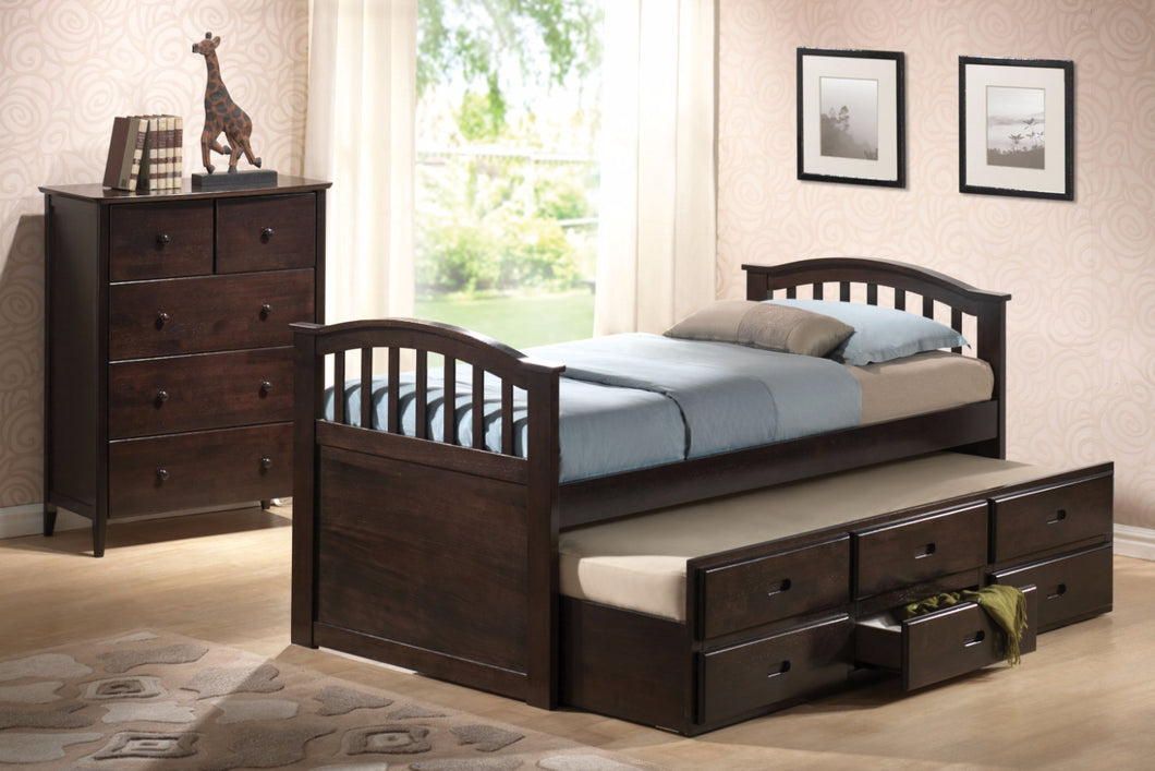 Twin Captain Bed & Trundle with 3 Drawer, Dark Walnut
