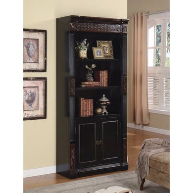 Traditional Slim Bookcase with Carvings and Enclosed Storage Cabinet, Brown