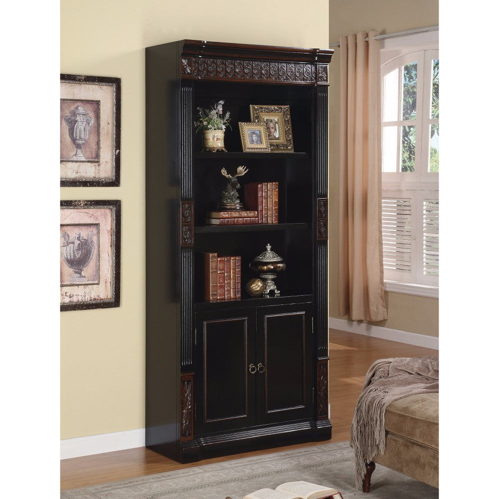 Traditional Slim Bookcase with Carvings and Enclosed Storage Cabinet, Brown