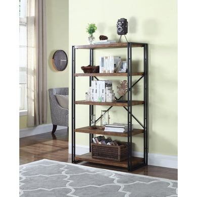 Wide Industrial Metal and Wood Bookcase, Brown And Black