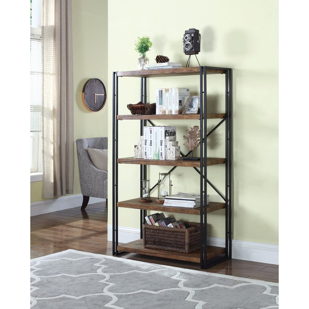 Wide Industrial Metal and Wood Bookcase, Brown And Black