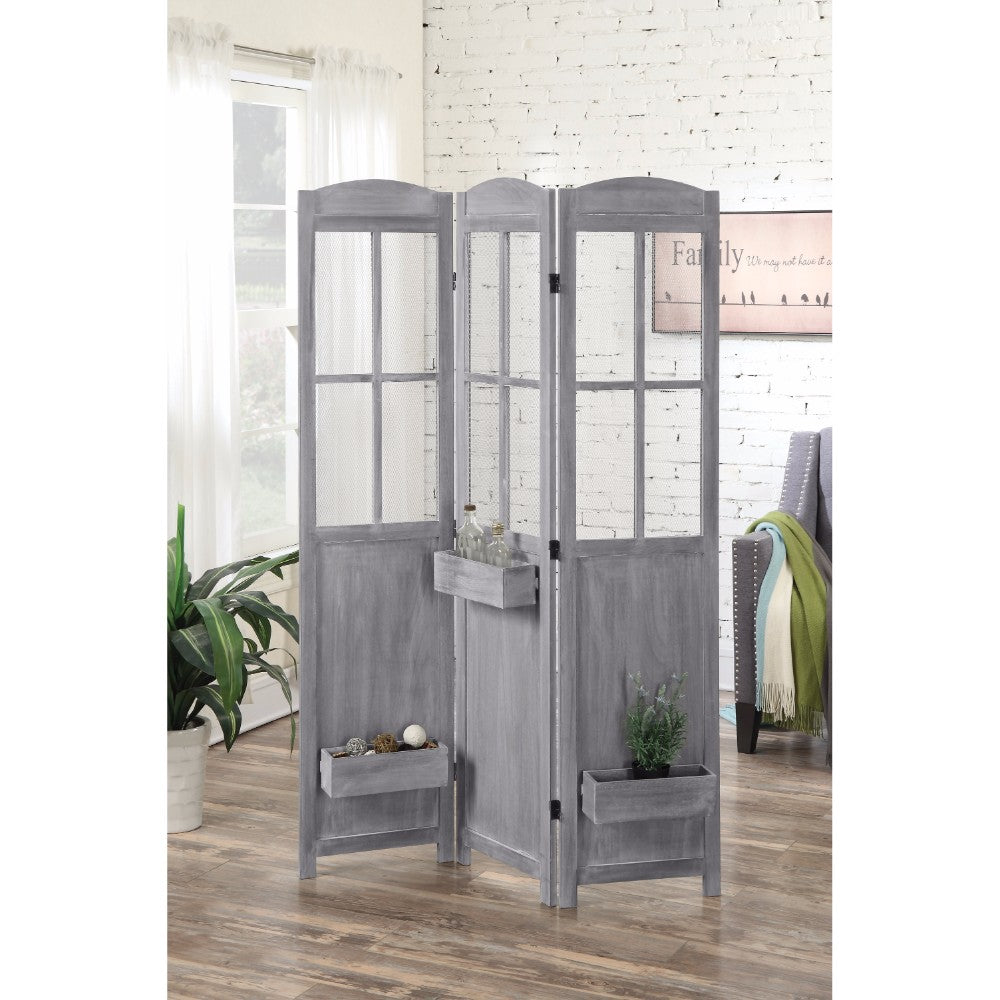 Three Panel Antique Style Folding Screen, Gray