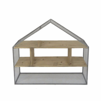 Wood And Metal House Frame Wall Shelf, Gray And Brown