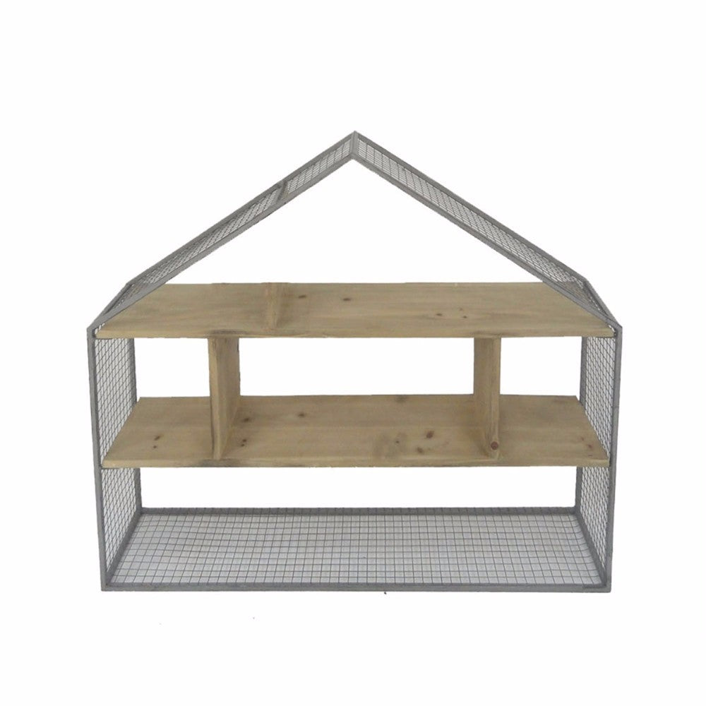 Wood And Metal House Frame Wall Shelf, Gray And Brown