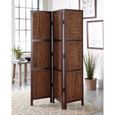 Three Panel Woven Banana Leaf Folding Screen, Brown