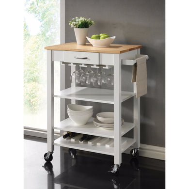Transitional Rubberwood Kitchen Cart, White And Brown