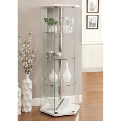 Alluring Hexagonal Shaped Glass Curio Cabinet, White And Clear