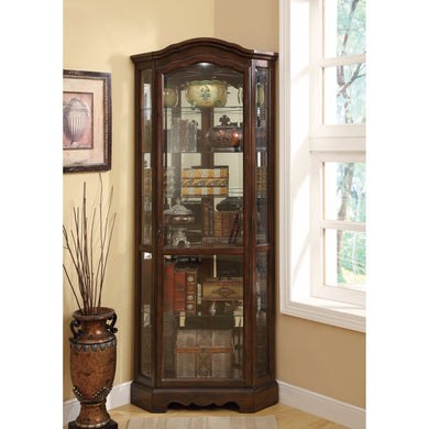 5 Shelf Corner Curio Cabinet With Shaped Crown & Base, Brown