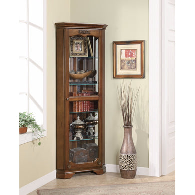 5 Shelf Corner Curio With 1 Door & Acanthus Leaf Top, Brown