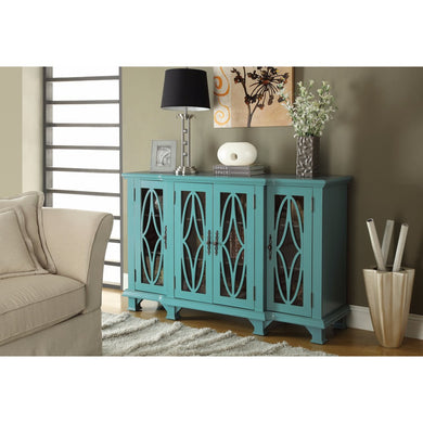 Well-Designed Wooden Accent Cabinet With 4 Glass Doors, Blue