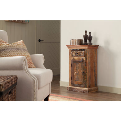Vintage Style Stamp Imprinted Wooden Accent Cabinet, Brown