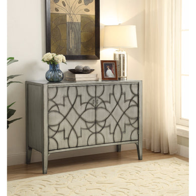 Wooden Accent Cabinet With Carved Detailed Pattern, Gray
