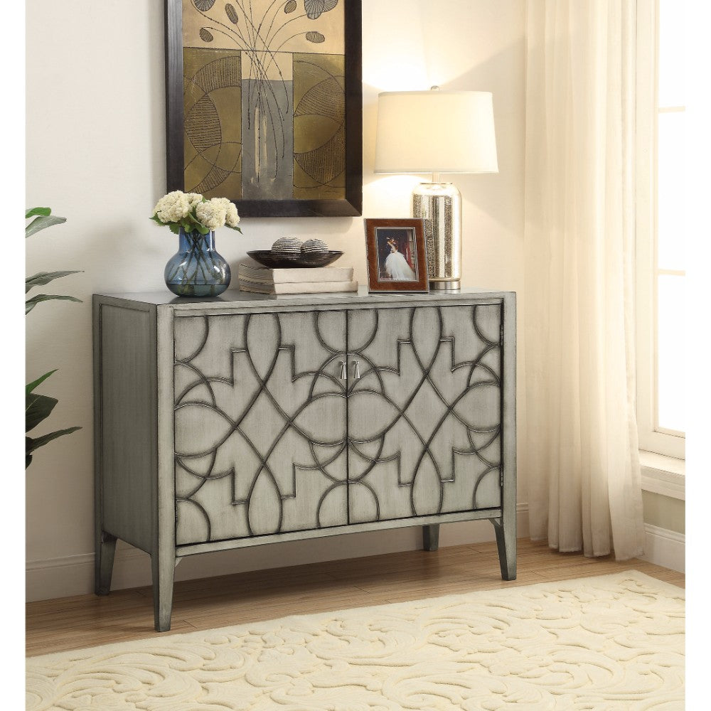 Wooden Accent Cabinet With Carved Detailed Pattern, Gray