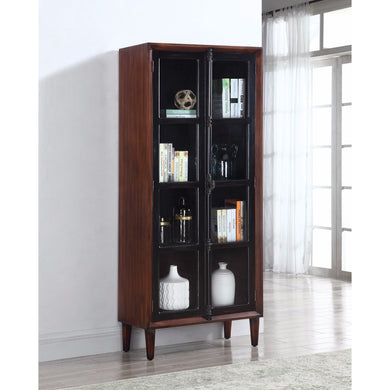 Two-Tone Tall Wooden Accent Cabinet With Two Glass Doors, Black And Brown