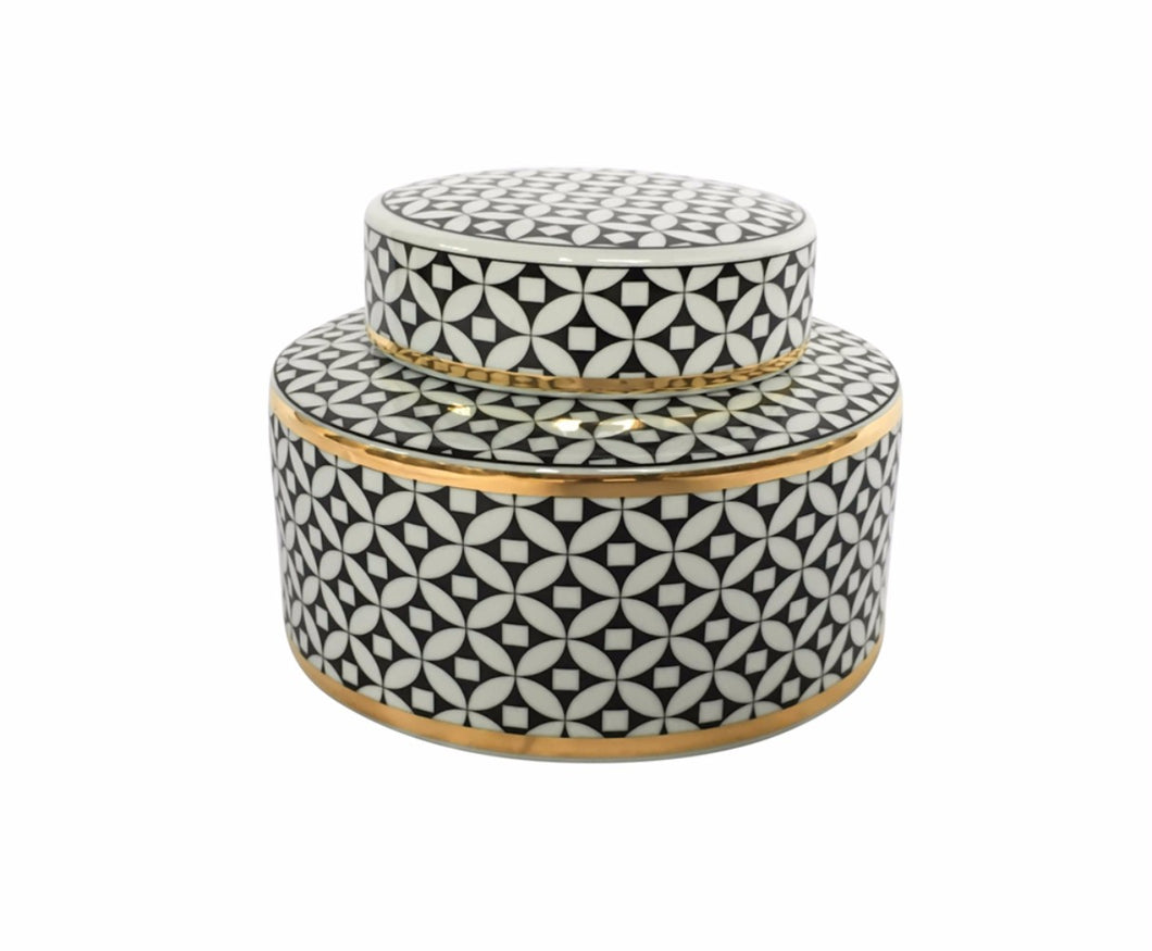 Unique Ceramic Covered Jar With Lid, Black And White