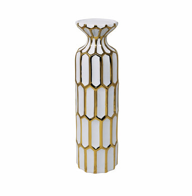 Vintage Inspired Pillar Shaped Ceramic Candle Holder, White And Gold