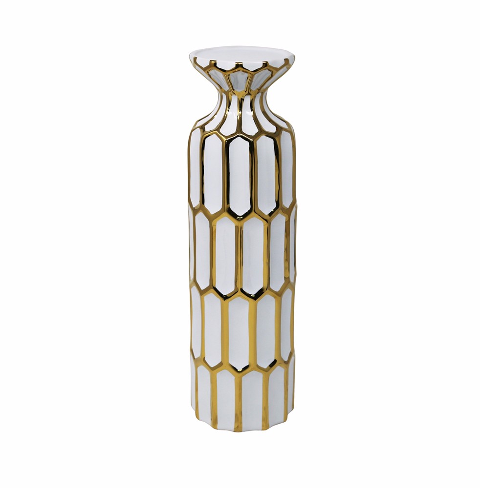 Vintage Inspired Pillar Shaped Ceramic Candle Holder, White And Gold