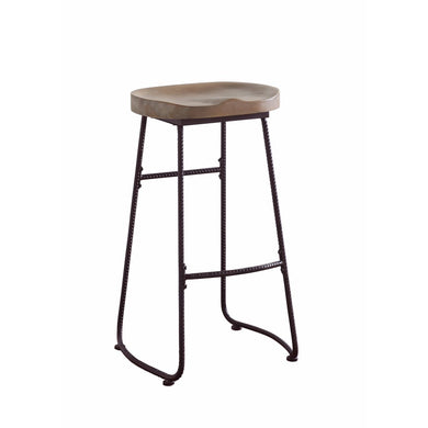 Antique Wood And Metal Bar Stool with Saddle Seat, Brown And Black