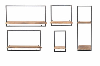 Transitional Metal And Wood Wall Shelf, Brown, Set Of 5