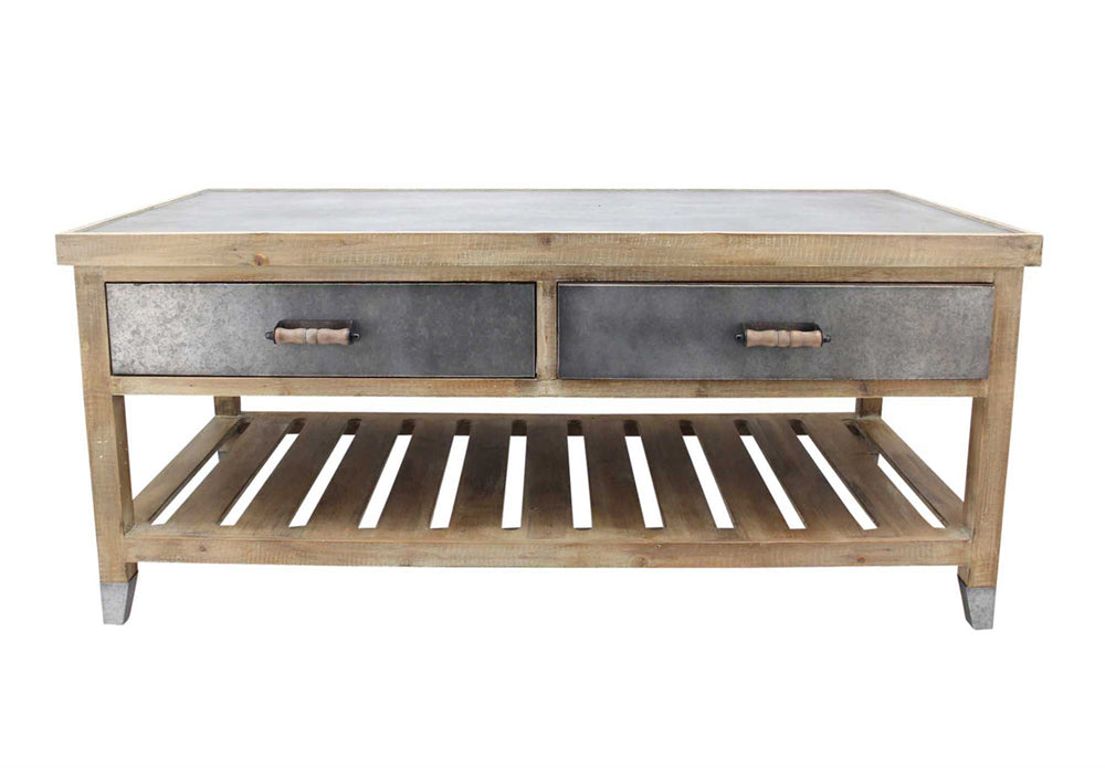 Traditional Wooden Cocktail Table With Tin Top, Gray And Brown