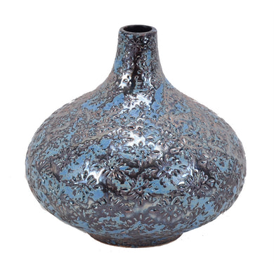 Traditional Style Patterned Ceramic Vase, Blue And Bronze
