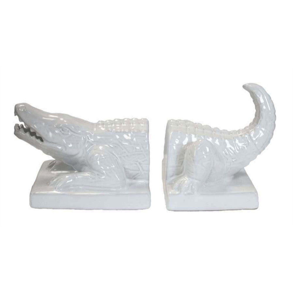Alluring Set Of Two Ceramic Crocodile Bookends, White