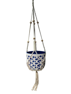 Alluring Macram Hanging Ceramic Modern Planter, white And Blue