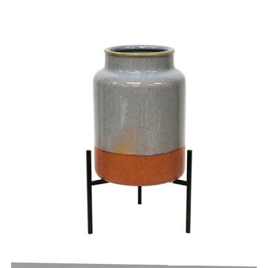 Well-made Ceramic Planter With Metal stand, Gray And Orange
