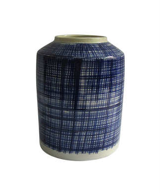 White And Blue wide Ceramic Vase with Abstract Stripes